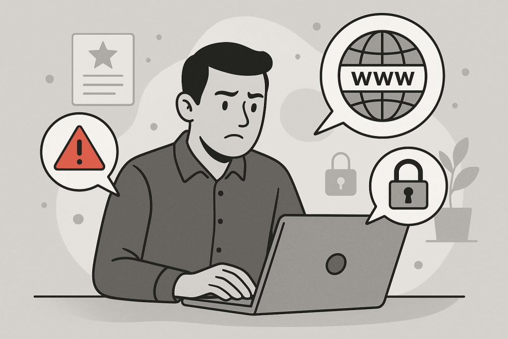 Муж за ноутбуком волнуется из-за предупреждения о рисках, связанных с выбором доменного имени.