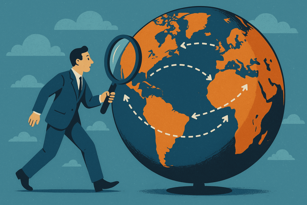 Предприниматель рассматривает глобус через лупу, следя за маршрутом DNS-запросов, проходящих между континентами.