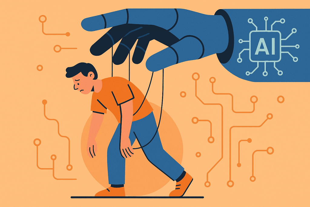 Большая механическая рука с надписью «AI» управляет человеком, как марионеткой.