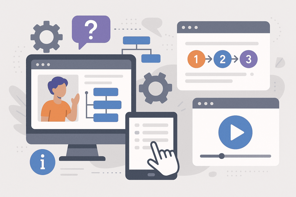 На изображении показаны различные экраны с обучающими материалами: видео, пошаговые инструкции и диаграммы, символизирующие создание интерактивных гайдов.