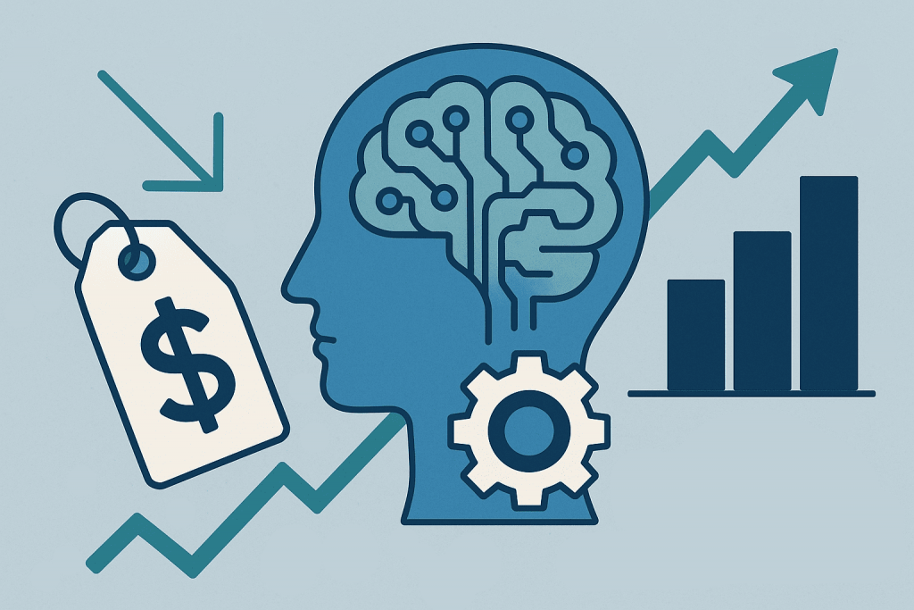 Силуэт головы с условным мозгом-микросхемой, ценой на услугу и графиками роста, символизирующими удешевление AI-технологий и их масштабирование.