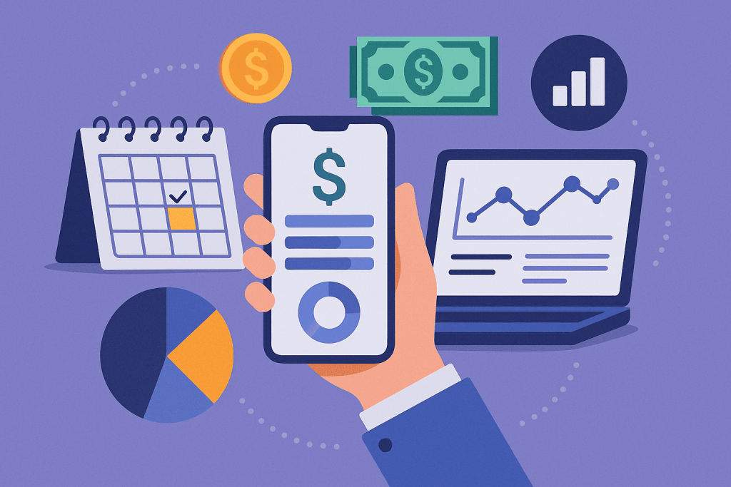 Смартфон с финансовым приложением в руке, рядом ноутбук с графиком, календарь, диаграмма и иконки денег.