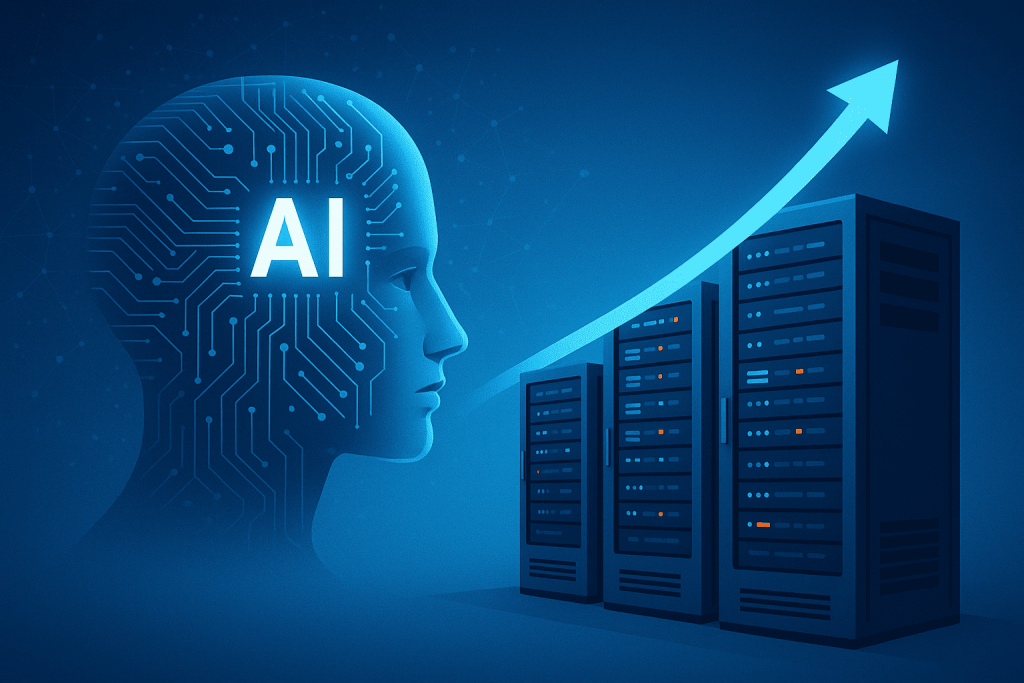 Силуэт головы со схемами искусственного интеллекта рядом с серверными стойками и стрелкой роста, что символизирует увеличение нагрузок.