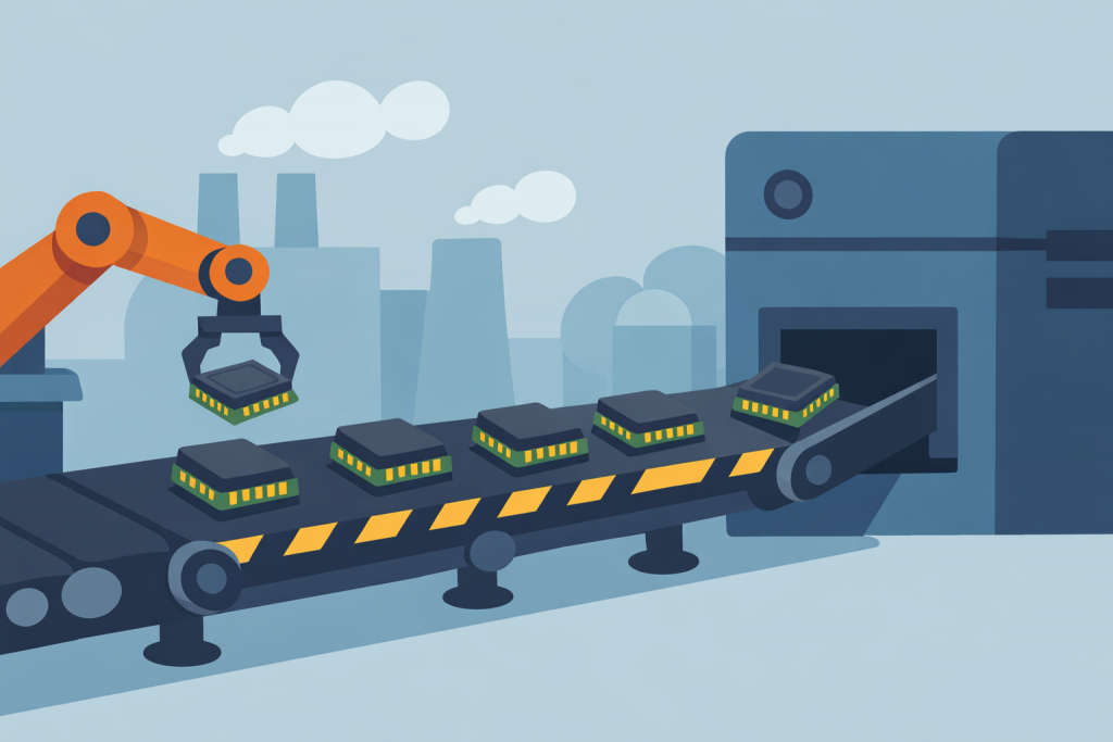 Промышленная линия с конвейером, на котором робот-манипулятор перемещает проходящие обработку микрочипы на заводе по производству полупроводников.