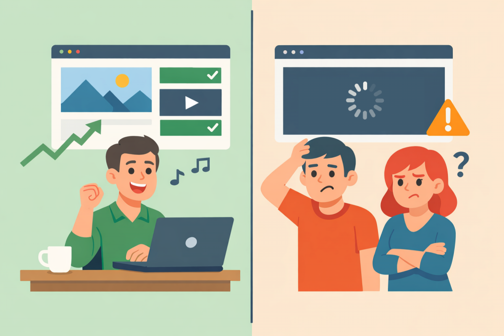 Экран разделен пополам: слева владелец сайта радуется успешной работе страниц на ноутбуке с отметками выполнения, справа пользователи сталкиваются с ошибкой загрузки, индикатором ожидания и предупредительным знаком.