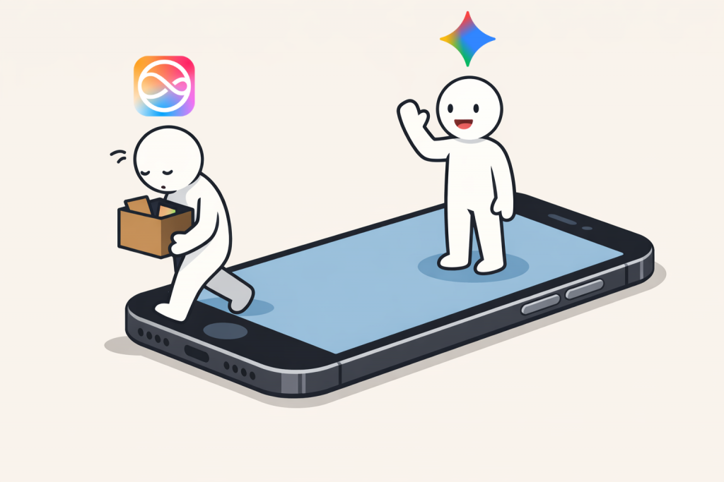 Человек выходит из смартфона с коробкой данных под иконкой старого голосового ассистента, в то время как другая фигура стоит на экране с новым AI-символом, олицетворяющим современный искусственный интеллект.