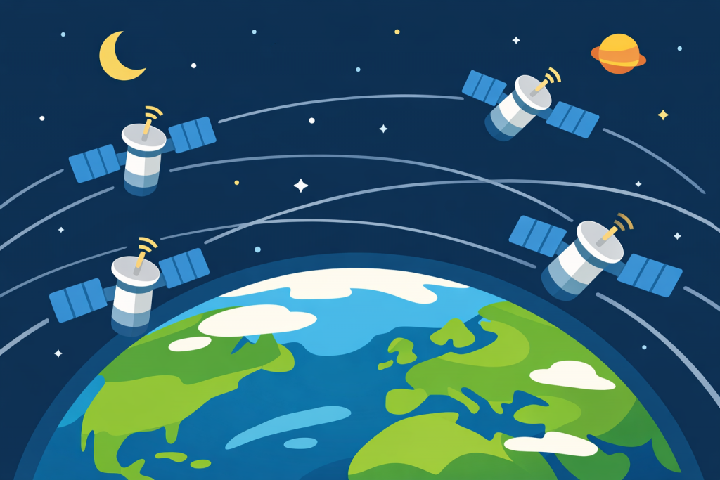 Несколько спутников двигаются по орбитам вокруг Земли в космическом пространстве, передавая сигналы на фоне звезд, Луны и планет.