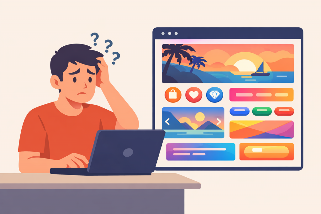 Пользователь растерянно смотрит на сайт с ярким дизайном и множеством визуальных элементов, усложняющих восприятие интерфейса.