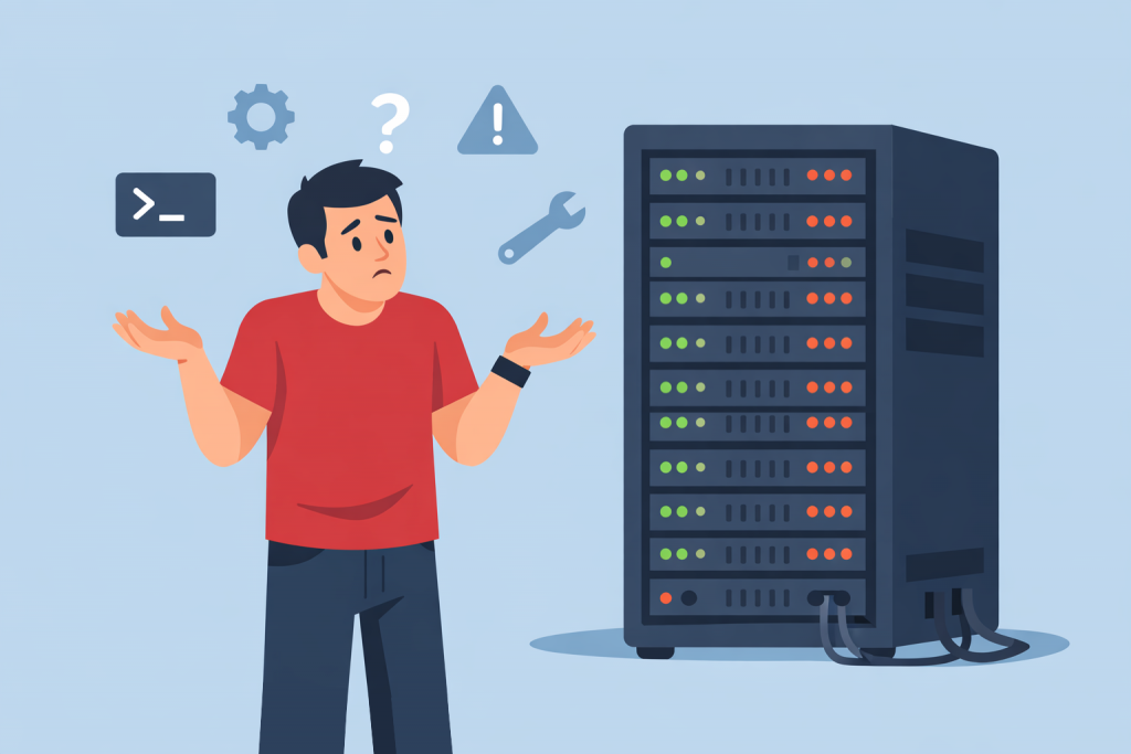 Человек растерянно стоит рядом с серверной стойкой, вокруг него значки настроек, ошибок и инструментов администрирования.