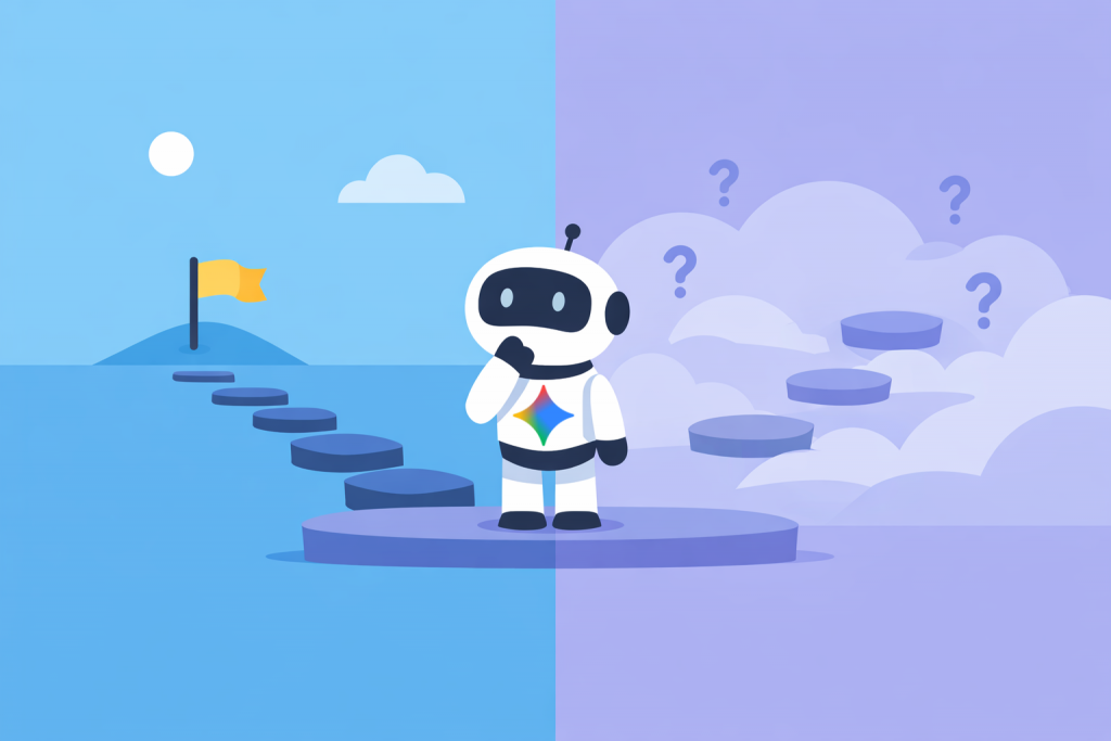 Робот стоит на платформе между двумя путями: слева ступени к флагу, справа ступени в тумане с вопросами.