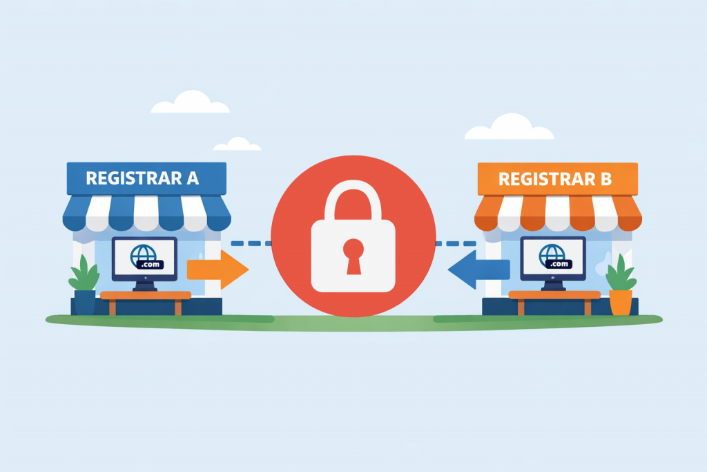 Два регистратора доменов, обозначенные как Registrar A и Registrar B, между которыми показаны направления переноса домена, а в центре расположен замок, символизирующий временную блокировку трансфера после регистрации.