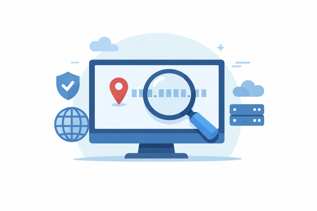 Монитор с IP-адресом на экране, лупа для проверки, иконки геолокации, защиты, глобальной сети и серверов, символизирующих анализ блокировки IP-адреса.