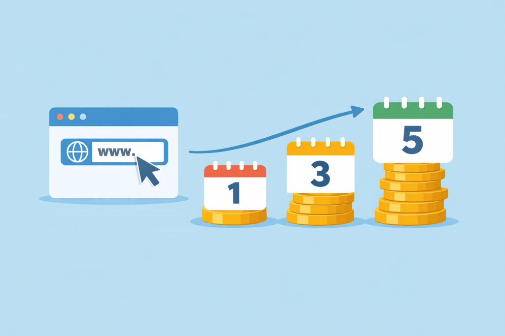 Вебадрес с курсором, стрелка и календари с обозначением одного, трех и пяти лет на стопках монет.