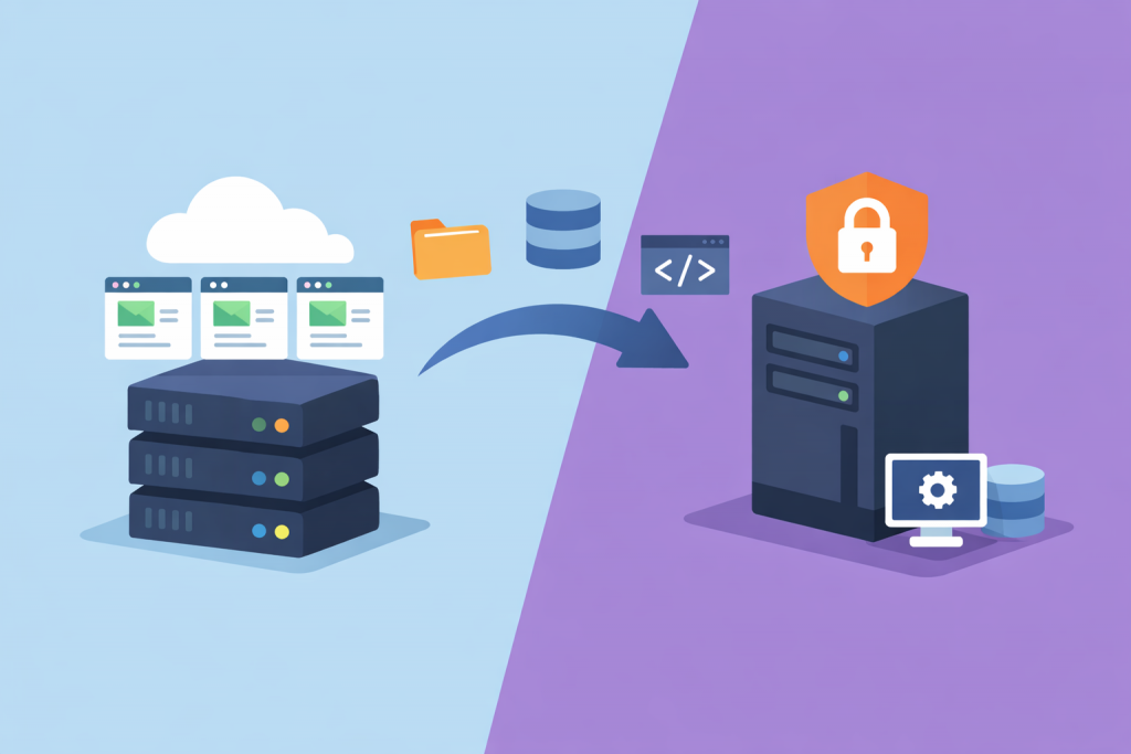 Перенос сайтов, данных и настроек по виртуальному хостингу на VPS с повышенными требованиями к безопасности и управлению.