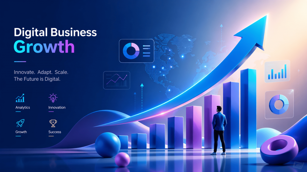 Пример макета с графиком роста, стрелка вверх, человек перед диаграммами и элементами аналитики, современный цифровой стиль.