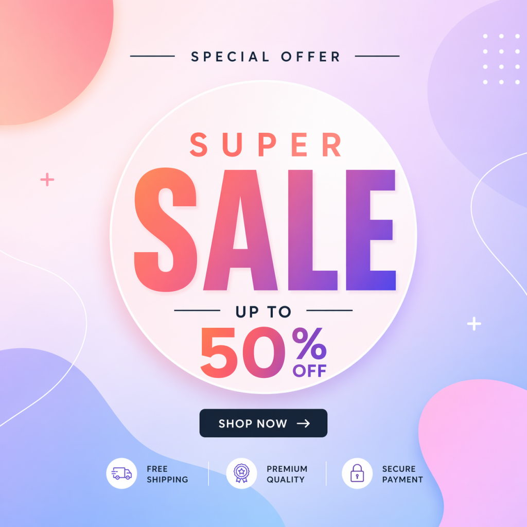 Example of a banner layout with a promotional offer, large discount text, an action button and delivery, quality and security icons, gradient background.