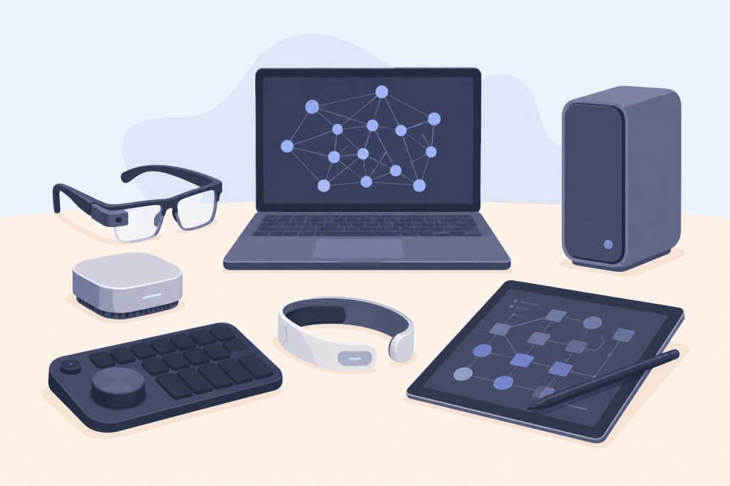 Гаджеты для работы с искусственным интеллектом: ноутбук, планшет, очки, контроллер, компактное устройство и серверный блок.